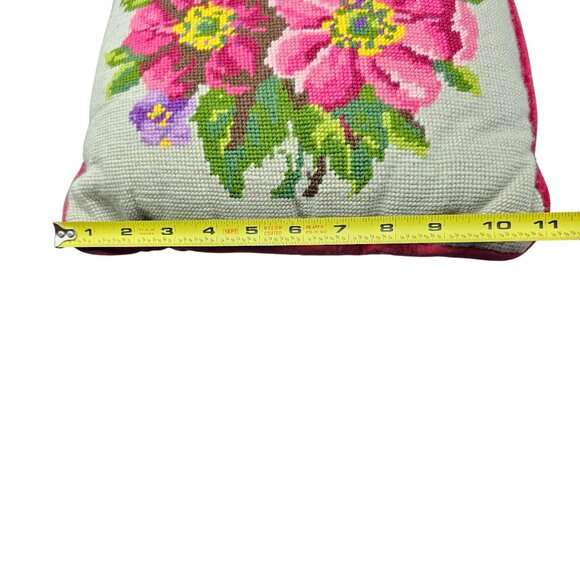 Vintage Floral Needlepoint Throw Pillow With Velvet Backing 11"x11" - Picture 16 of 16